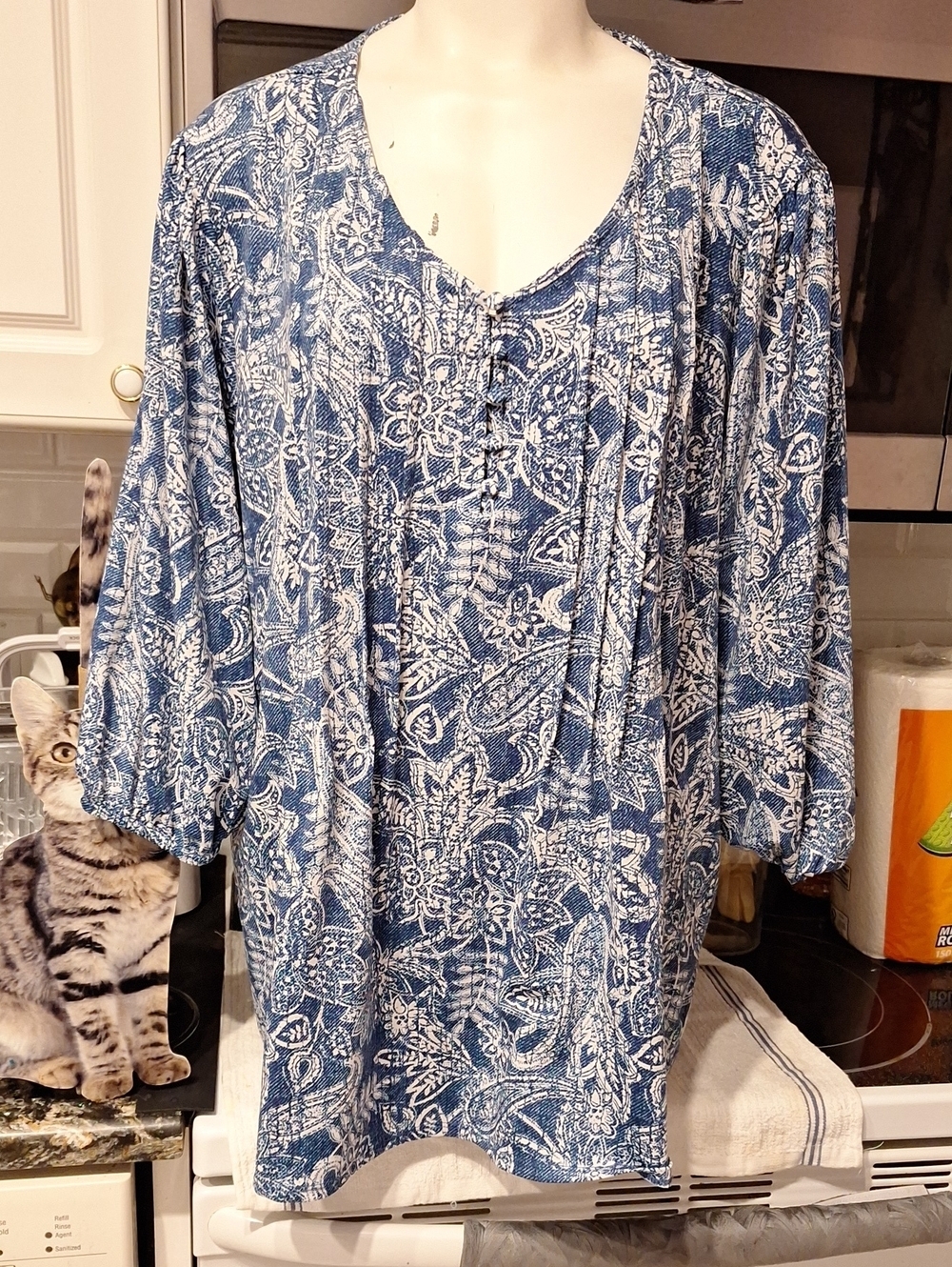 r Ava & Grace Blue and White Pullover Paisley Top. 3X